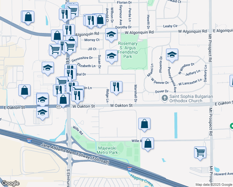 map of restaurants, bars, coffee shops, grocery stores, and more near 525 Dover Drive in Des Plaines