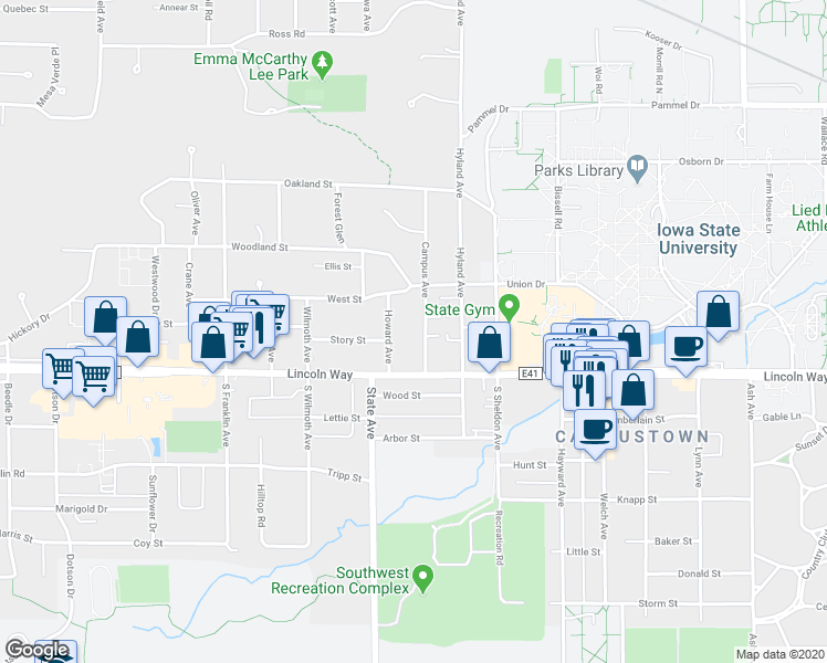 map of restaurants, bars, coffee shops, grocery stores, and more near 135 Campus Avenue in Ames