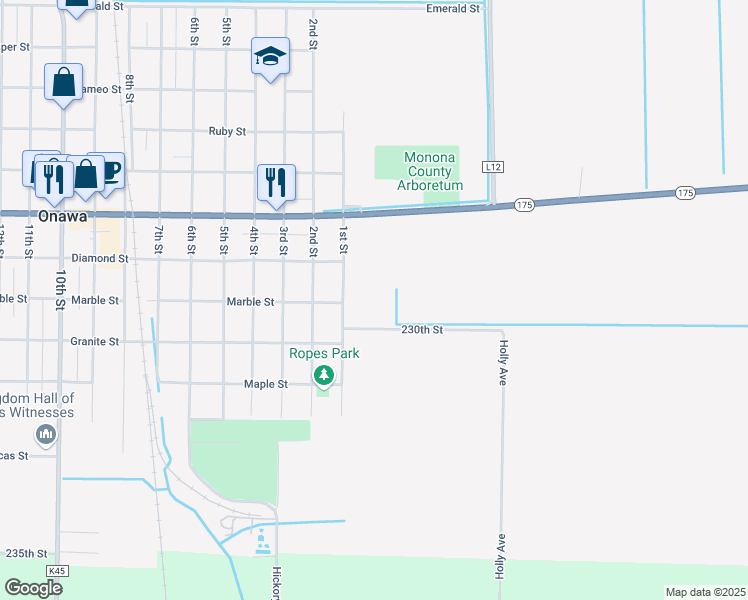 map of restaurants, bars, coffee shops, grocery stores, and more near 1101-1199 1st Street in Onawa