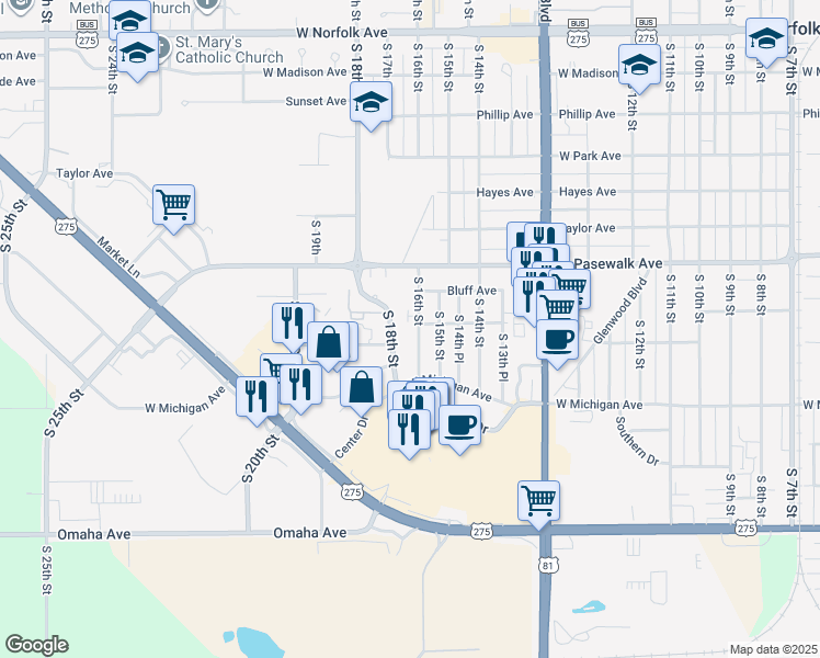 map of restaurants, bars, coffee shops, grocery stores, and more near 800 South 18th Street in Norfolk