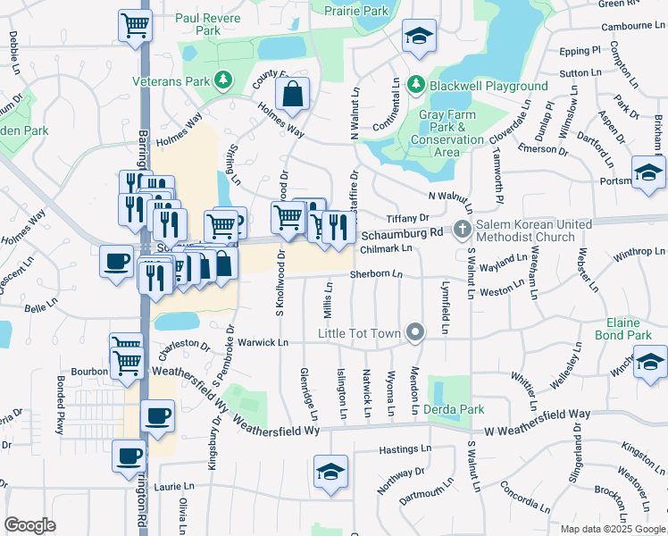 map of restaurants, bars, coffee shops, grocery stores, and more near 2222 Sherborn Lane in Schaumburg