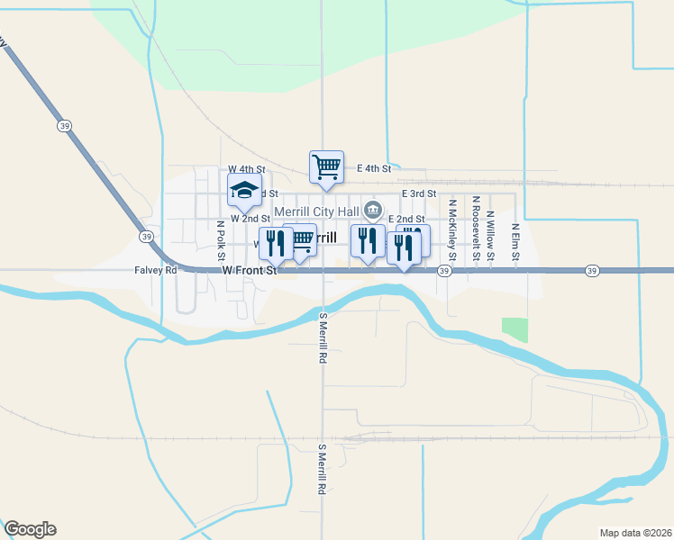 map of restaurants, bars, coffee shops, grocery stores, and more near 119 Klamath Falls-Malin Highway in Merrill