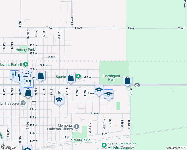 map of restaurants, bars, coffee shops, grocery stores, and more near 1407 M Ave in Nevada