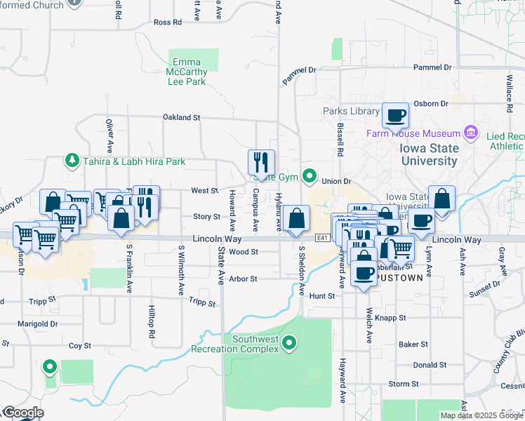 map of restaurants, bars, coffee shops, grocery stores, and more near 134 Campus Avenue in Ames