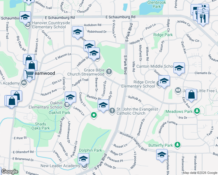 map of restaurants, bars, coffee shops, grocery stores, and more near 406 Holly Drive in Streamwood