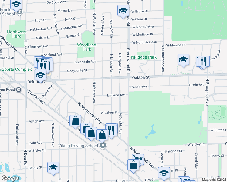 map of restaurants, bars, coffee shops, grocery stores, and more near 909 North Lincoln Avenue in Park Ridge
