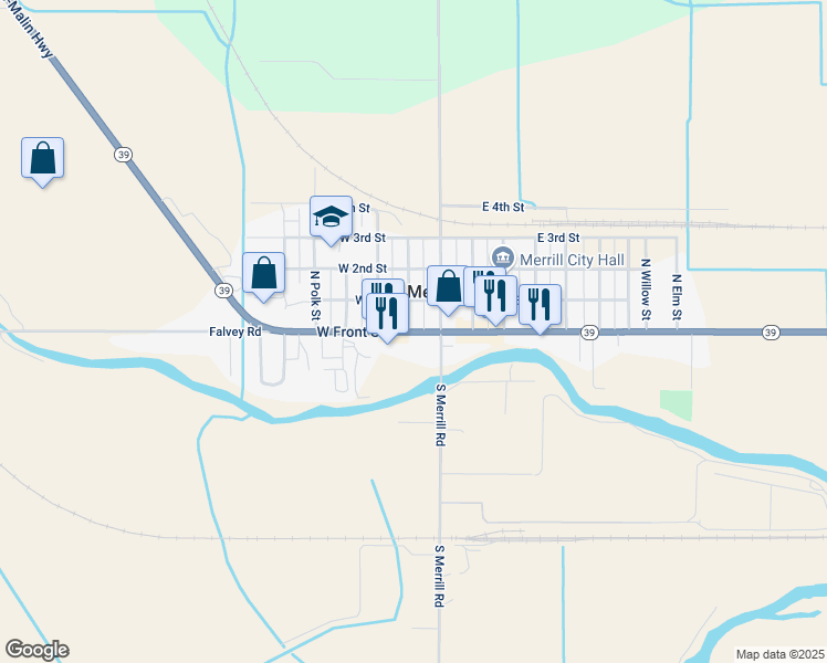 map of restaurants, bars, coffee shops, grocery stores, and more near 137 West Front Street in Merrill