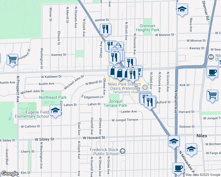 map of restaurants, bars, coffee shops, grocery stores, and more near 7550 West Kirk Drive in Niles