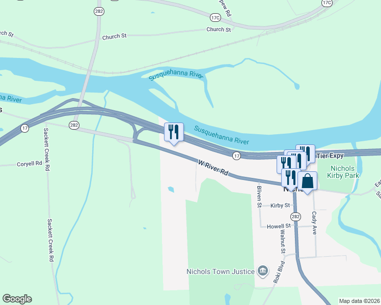 map of restaurants, bars, coffee shops, grocery stores, and more near 457 W River Rd in Nichols