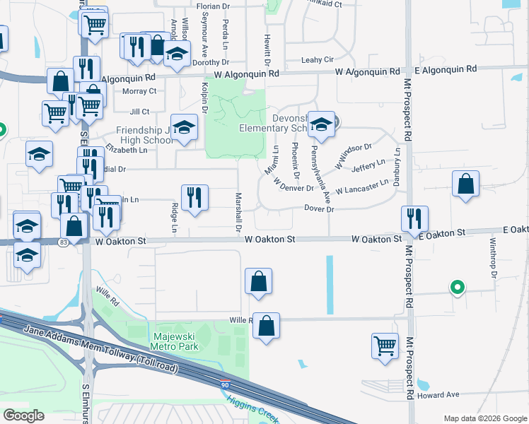 map of restaurants, bars, coffee shops, grocery stores, and more near 390 Dover Lane in Des Plaines