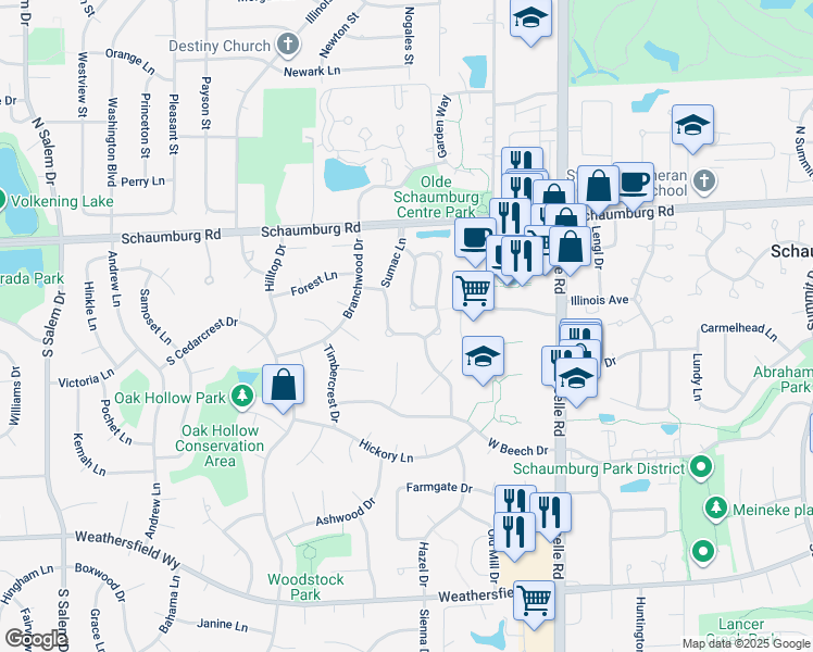 map of restaurants, bars, coffee shops, grocery stores, and more near 141 Sumac Lane in Schaumburg