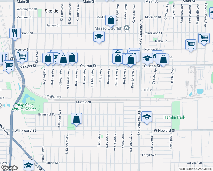 map of restaurants, bars, coffee shops, grocery stores, and more near 7848 Keeler Avenue in Skokie