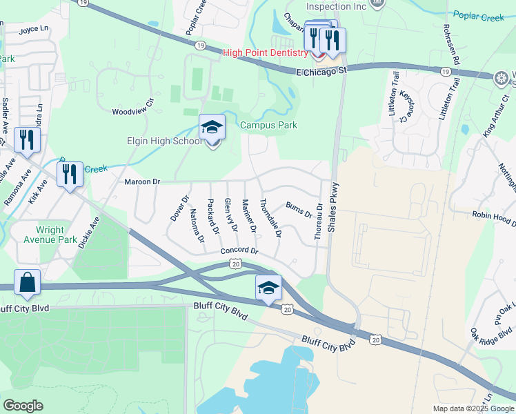 map of restaurants, bars, coffee shops, grocery stores, and more near 656 Thorndale Drive in Elgin