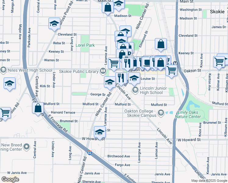 map of restaurants, bars, coffee shops, grocery stores, and more near 7857 Niles Center Rd in Skokie