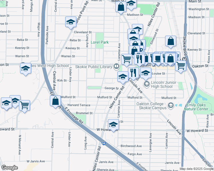 map of restaurants, bars, coffee shops, grocery stores, and more near 5250 George Street in Skokie