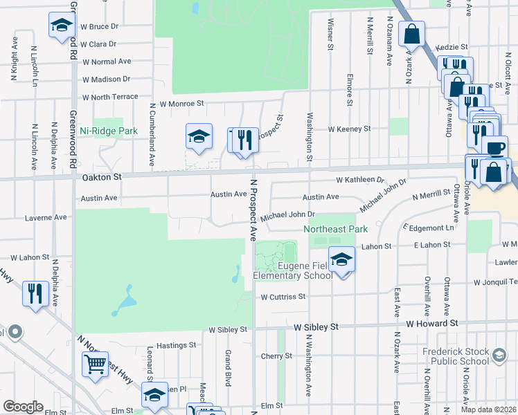 map of restaurants, bars, coffee shops, grocery stores, and more near 901 North Prospect Avenue in Park Ridge
