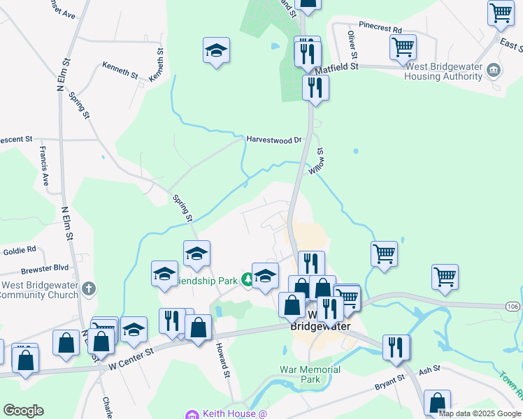 map of restaurants, bars, coffee shops, grocery stores, and more near 36 Commonwealth Avenue in West Bridgewater