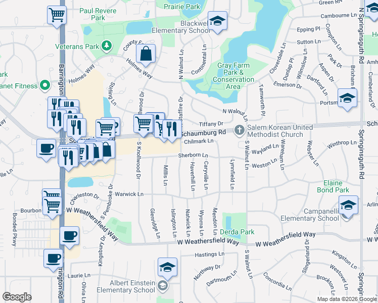 map of restaurants, bars, coffee shops, grocery stores, and more near 2200 Sherborn Lane in Schaumburg