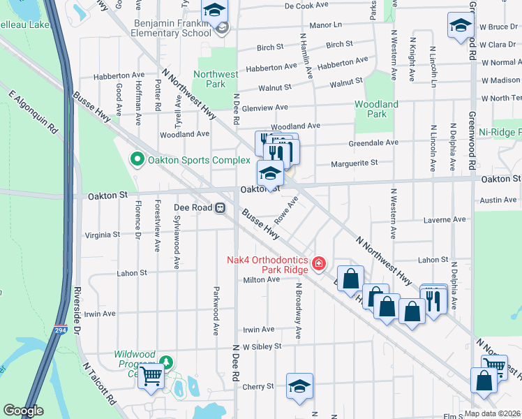 map of restaurants, bars, coffee shops, grocery stores, and more near 2200 Bouterse Street in Park Ridge