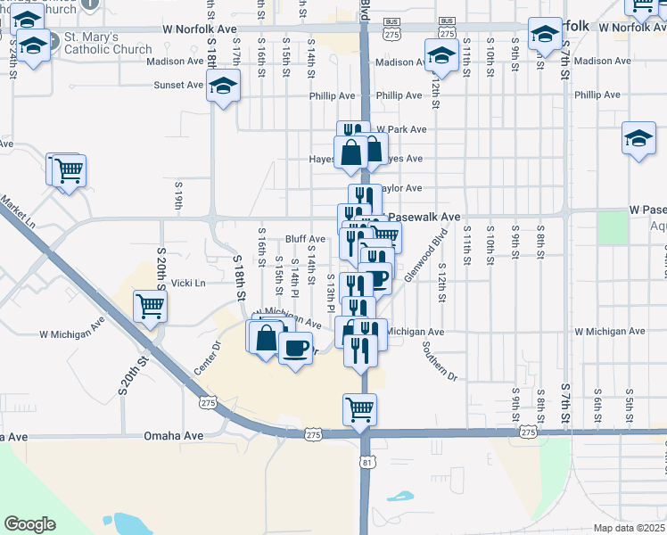 map of restaurants, bars, coffee shops, grocery stores, and more near 901 South 13th Place in Norfolk