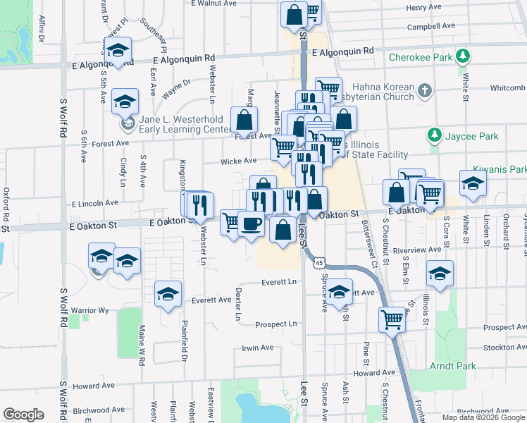 map of restaurants, bars, coffee shops, grocery stores, and more near 1070 East Oakton Street in Des Plaines