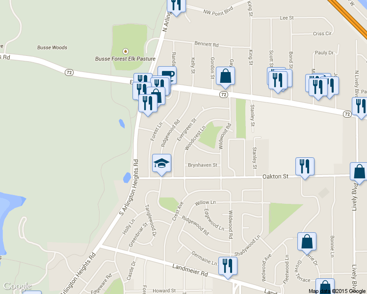 map of restaurants, bars, coffee shops, grocery stores, and more near 54 Woodcrest Ln in Elk Grove Village