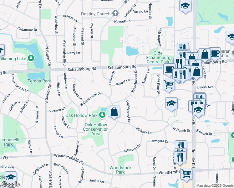 map of restaurants, bars, coffee shops, grocery stores, and more near 411 Balsam Court in Schaumburg