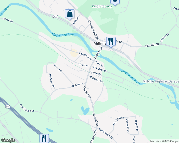 map of restaurants, bars, coffee shops, grocery stores, and more near 52 Central Street in Millville