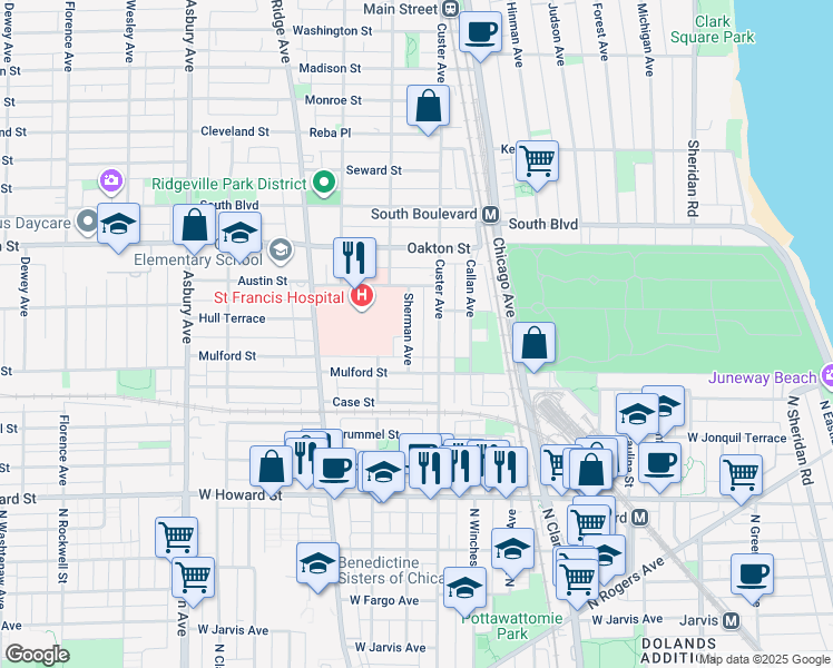 map of restaurants, bars, coffee shops, grocery stores, and more near 326 Custer Avenue in Evanston