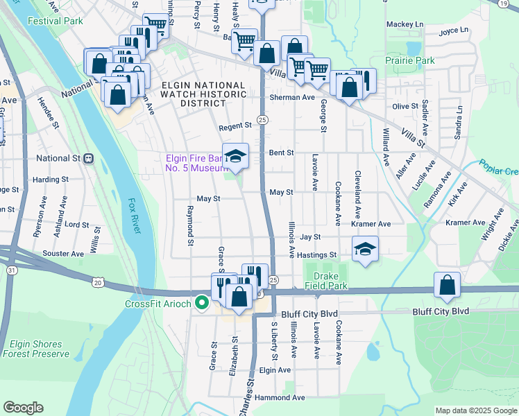 map of restaurants, bars, coffee shops, grocery stores, and more near 623 South Liberty Street in Elgin