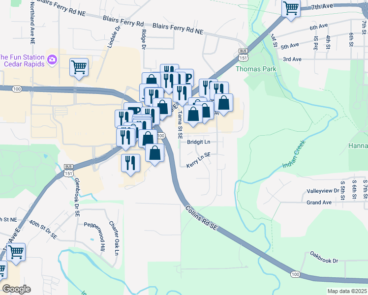 map of restaurants, bars, coffee shops, grocery stores, and more near 4610 Tama Street Southeast in Cedar Rapids
