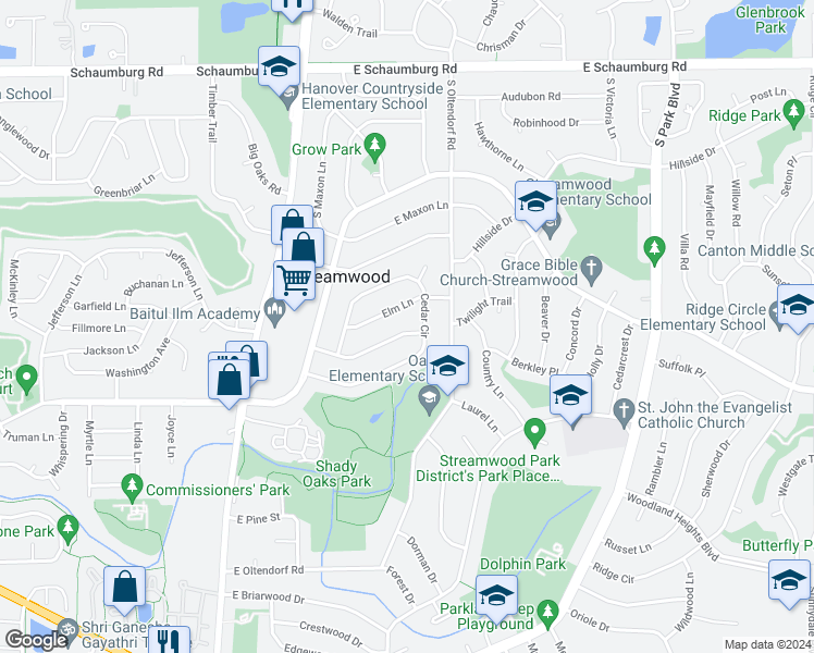 map of restaurants, bars, coffee shops, grocery stores, and more near 130 Hickory Avenue in Streamwood