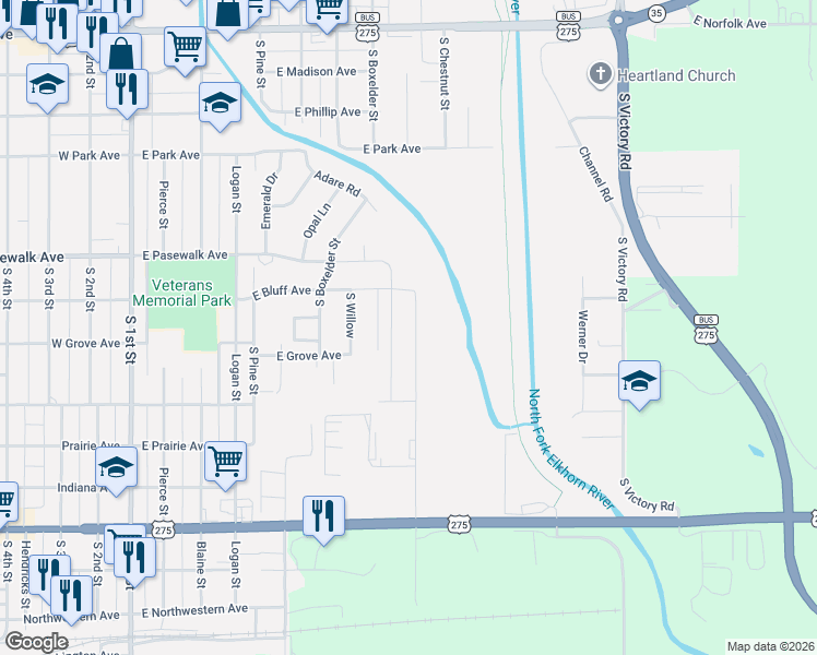 map of restaurants, bars, coffee shops, grocery stores, and more near 601 East Michigan Avenue in Norfolk