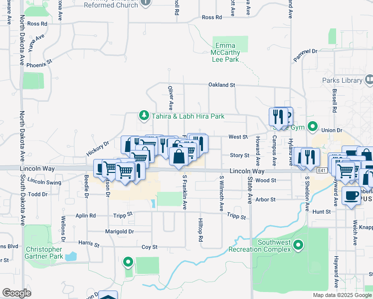 map of restaurants, bars, coffee shops, grocery stores, and more near 206 South Franklin Avenue in Ames