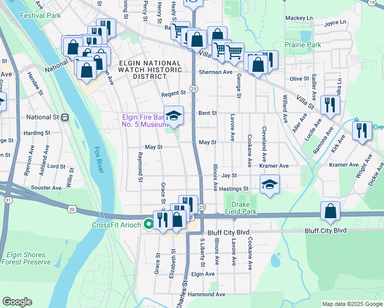map of restaurants, bars, coffee shops, grocery stores, and more near 623 South Liberty Street in Elgin
