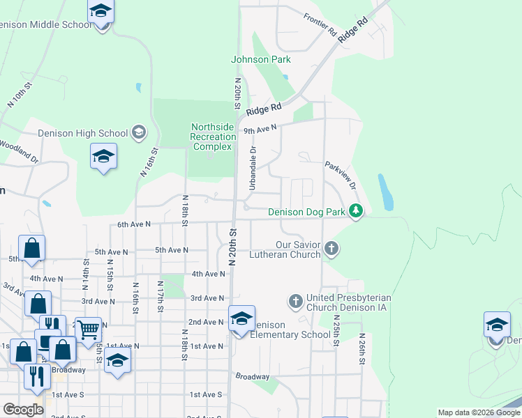 map of restaurants, bars, coffee shops, grocery stores, and more near Ridgeway Drive in Denison