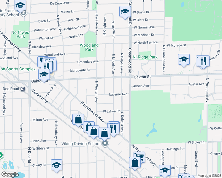 map of restaurants, bars, coffee shops, grocery stores, and more near 909 North Lincoln Avenue in Park Ridge