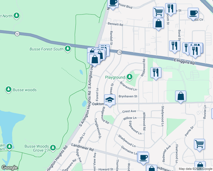 map of restaurants, bars, coffee shops, grocery stores, and more near 61 Ridgewood Road in Elk Grove Village