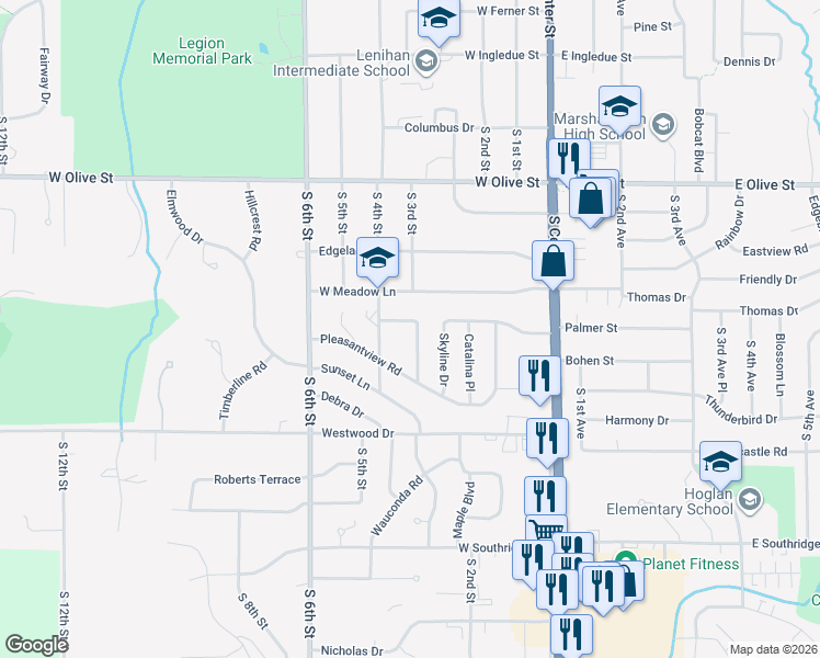 map of restaurants, bars, coffee shops, grocery stores, and more near 303 Bryngelson Drive in Marshalltown