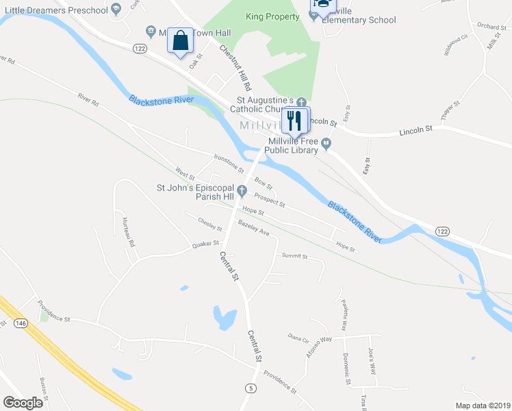 map of restaurants, bars, coffee shops, grocery stores, and more near 11 Hope Street in Millville
