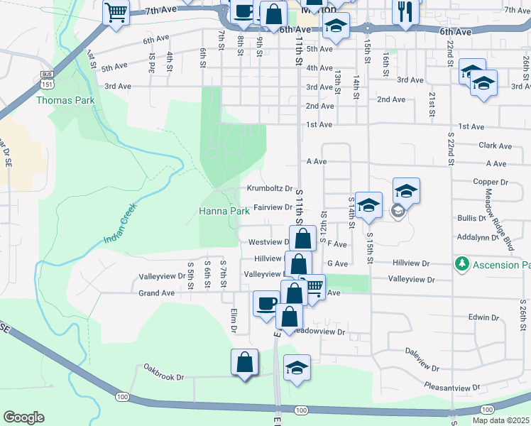 map of restaurants, bars, coffee shops, grocery stores, and more near 885 Fairview Drive in Marion