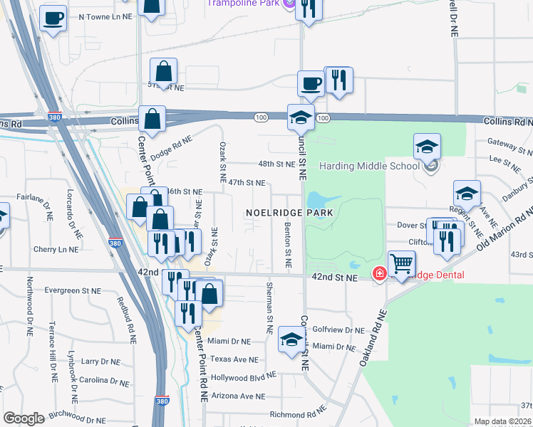 map of restaurants, bars, coffee shops, grocery stores, and more near 4451 Sherman Street Northeast in Cedar Rapids
