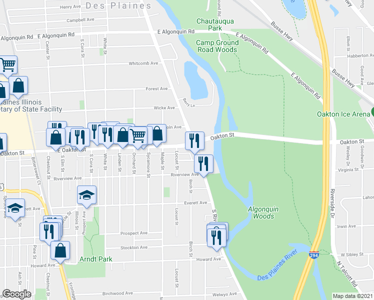 map of restaurants, bars, coffee shops, grocery stores, and more near 1881 East Oakton Street in Des Plaines