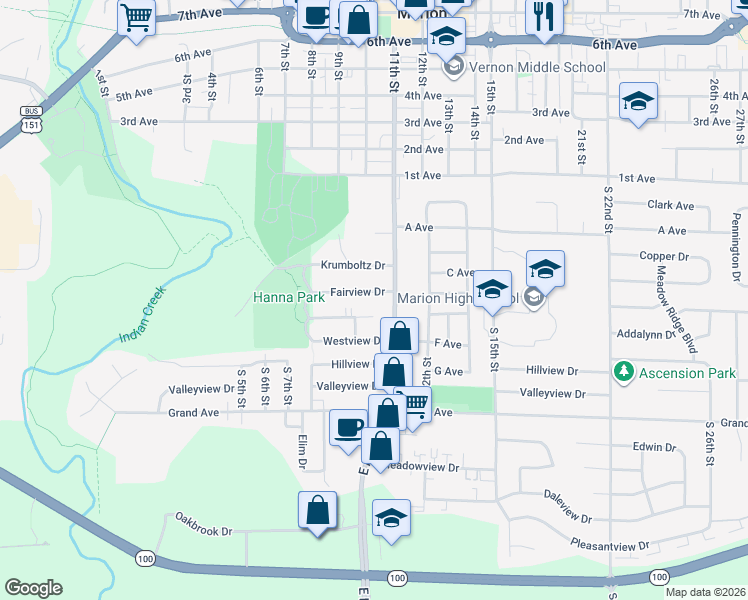 map of restaurants, bars, coffee shops, grocery stores, and more near 1025 Fairview Drive in Marion