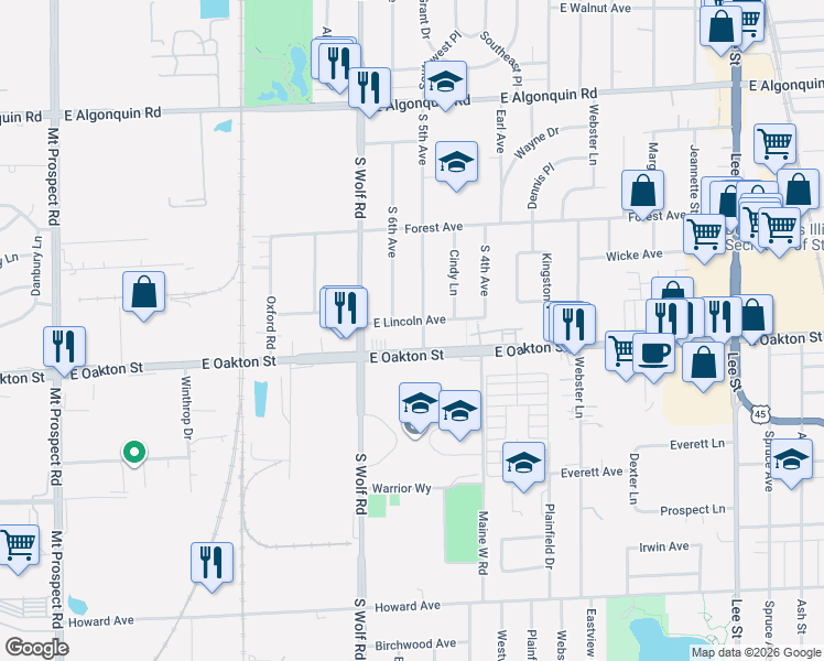 map of restaurants, bars, coffee shops, grocery stores, and more near 665 East Lincoln Avenue in Des Plaines