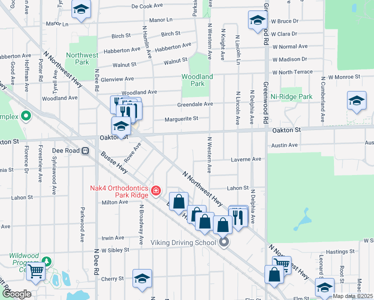 map of restaurants, bars, coffee shops, grocery stores, and more near 922 Tomawadee Drive in Park Ridge