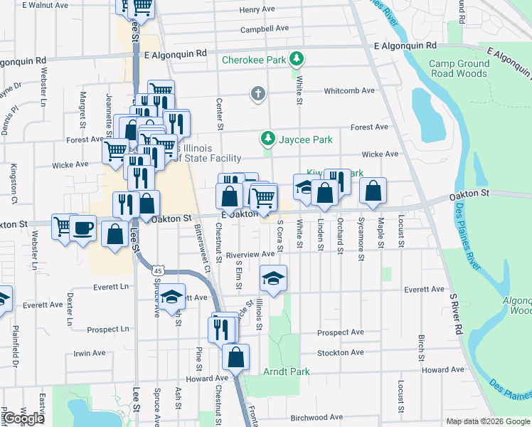 map of restaurants, bars, coffee shops, grocery stores, and more near 1517 East Oakton Street in Des Plaines