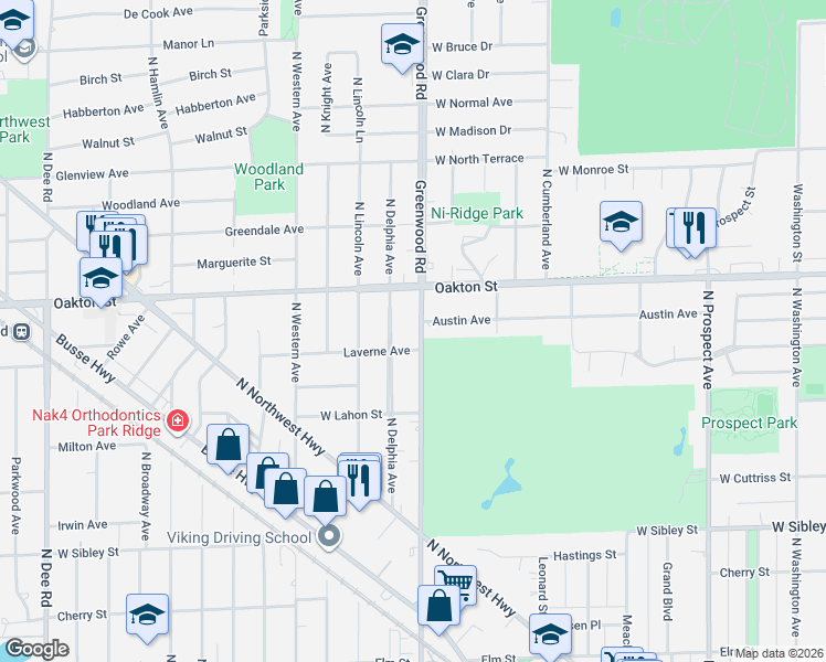 map of restaurants, bars, coffee shops, grocery stores, and more near 911 North Delphia Avenue in Park Ridge