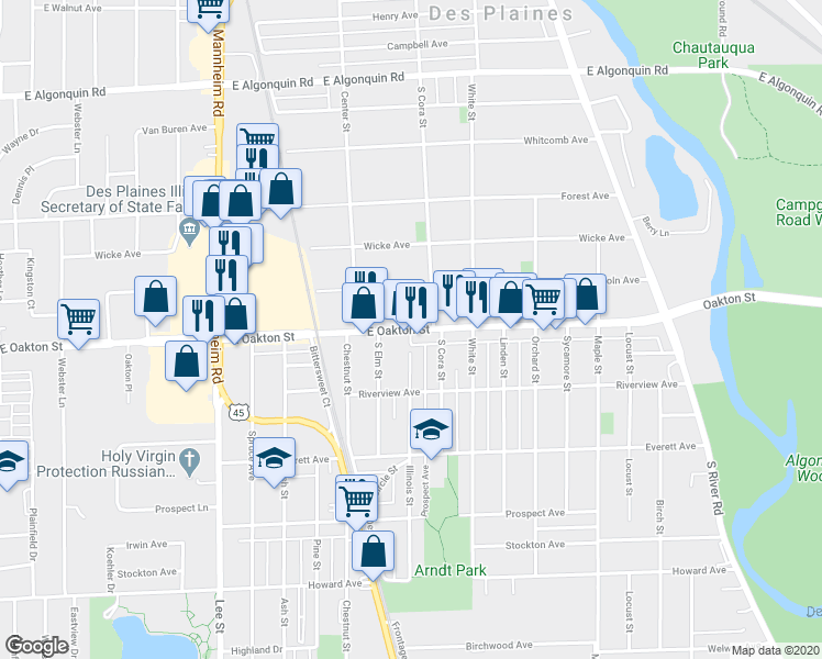 map of restaurants, bars, coffee shops, grocery stores, and more near E Oakton St & Illinois St in Des Plaines