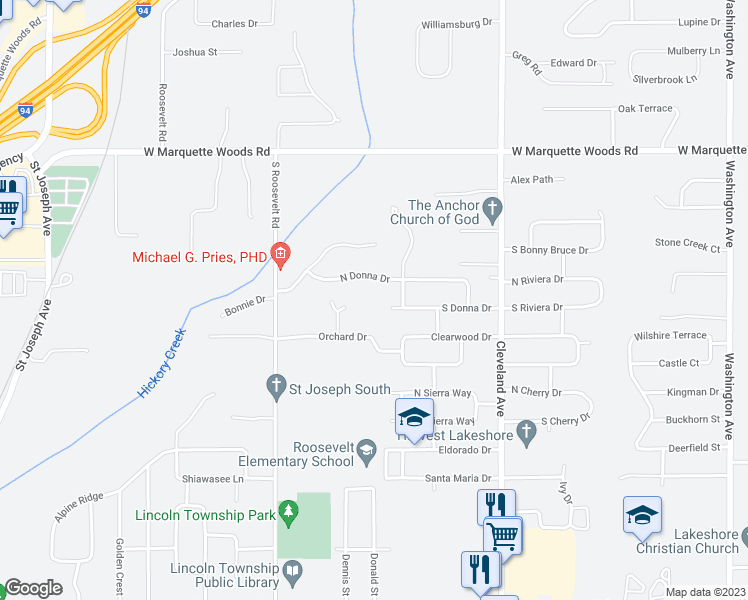 map of restaurants, bars, coffee shops, grocery stores, and more near 1900 South Donna Drive in Stevensville